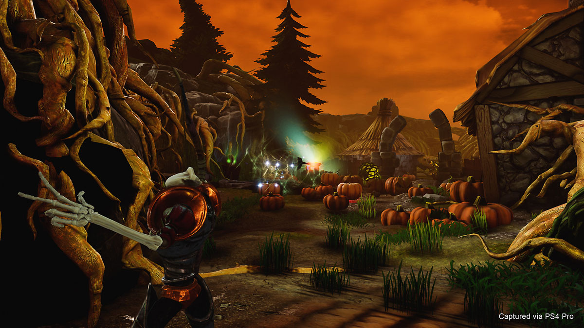 the knight in a village, with a number of pumpkins moving at hime